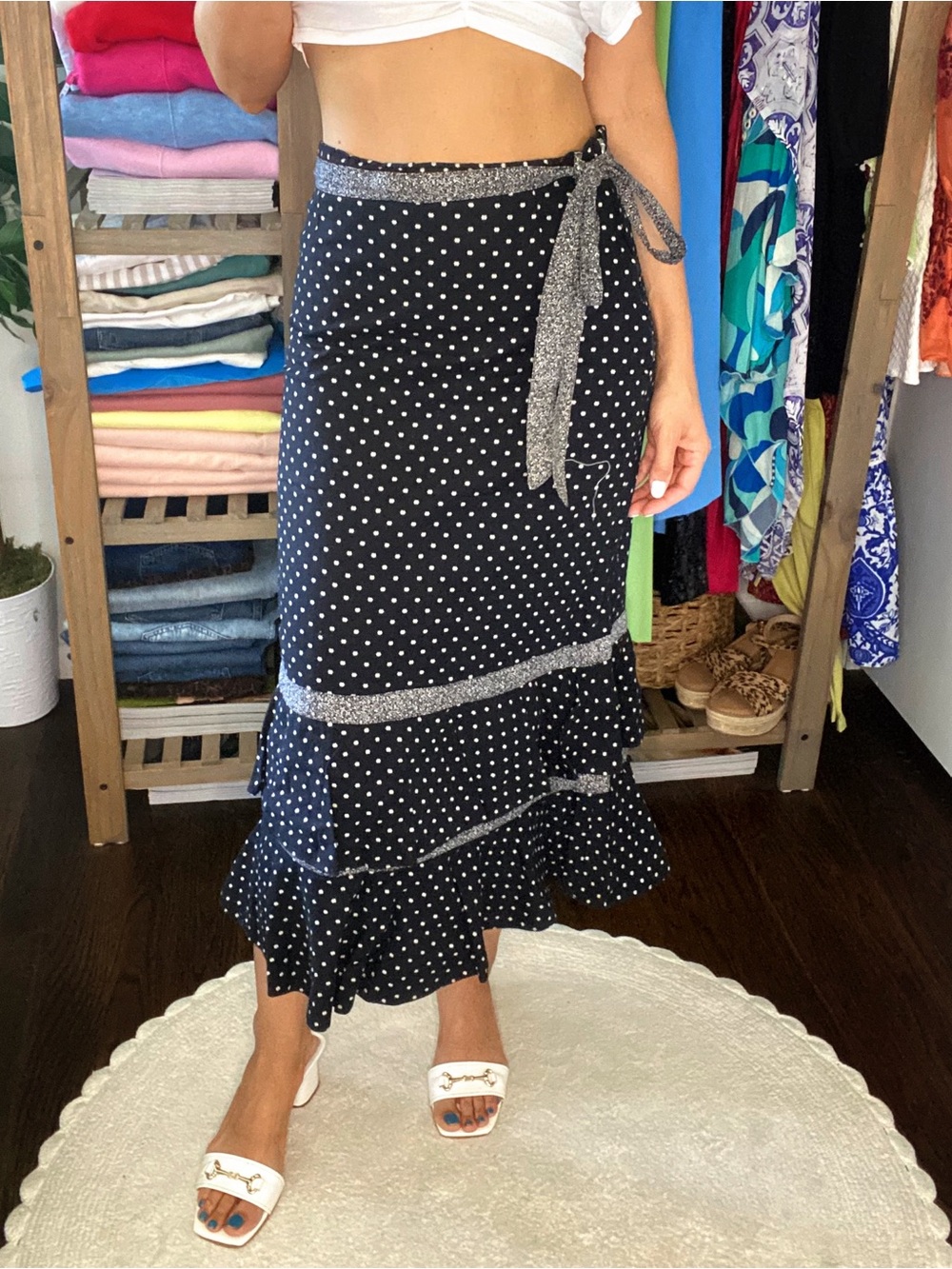 SYNTHETEX Black with White Polka Dot Tiered Midi Skirt! 🖤